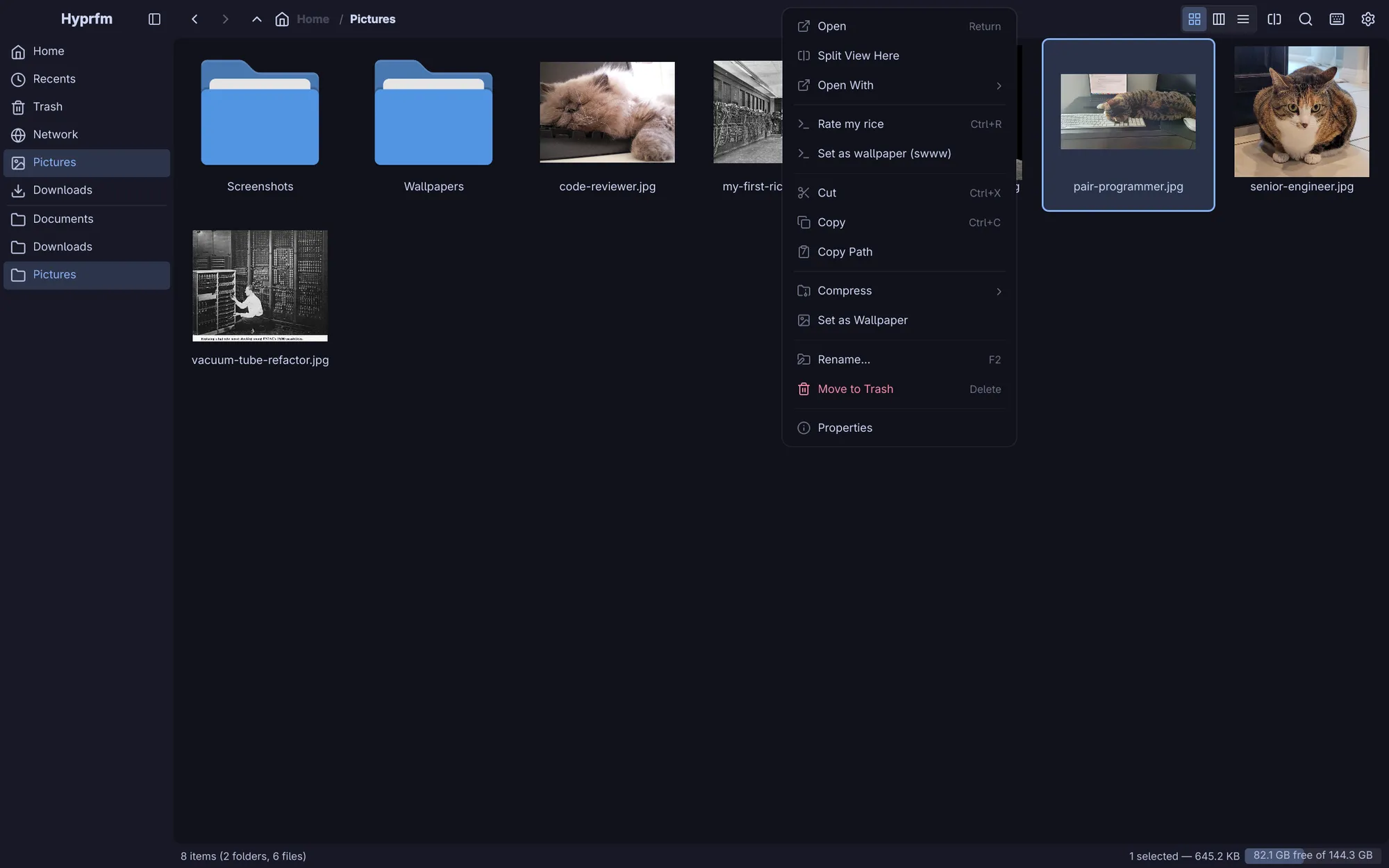 HyprFM's context menu on an image, ending with the custom actions Rate my rice and Set as wallpaper