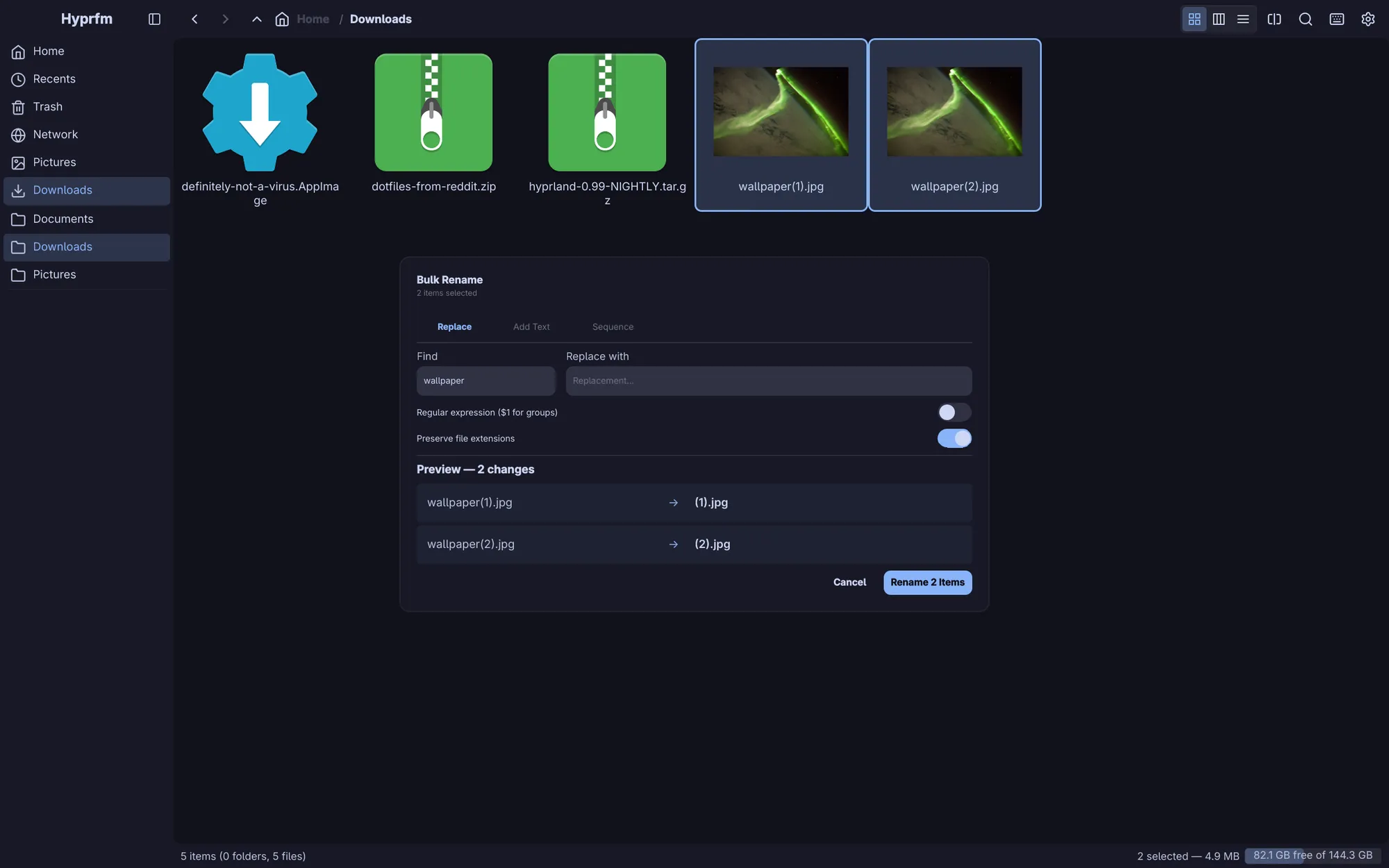 Bulk rename, previewed.