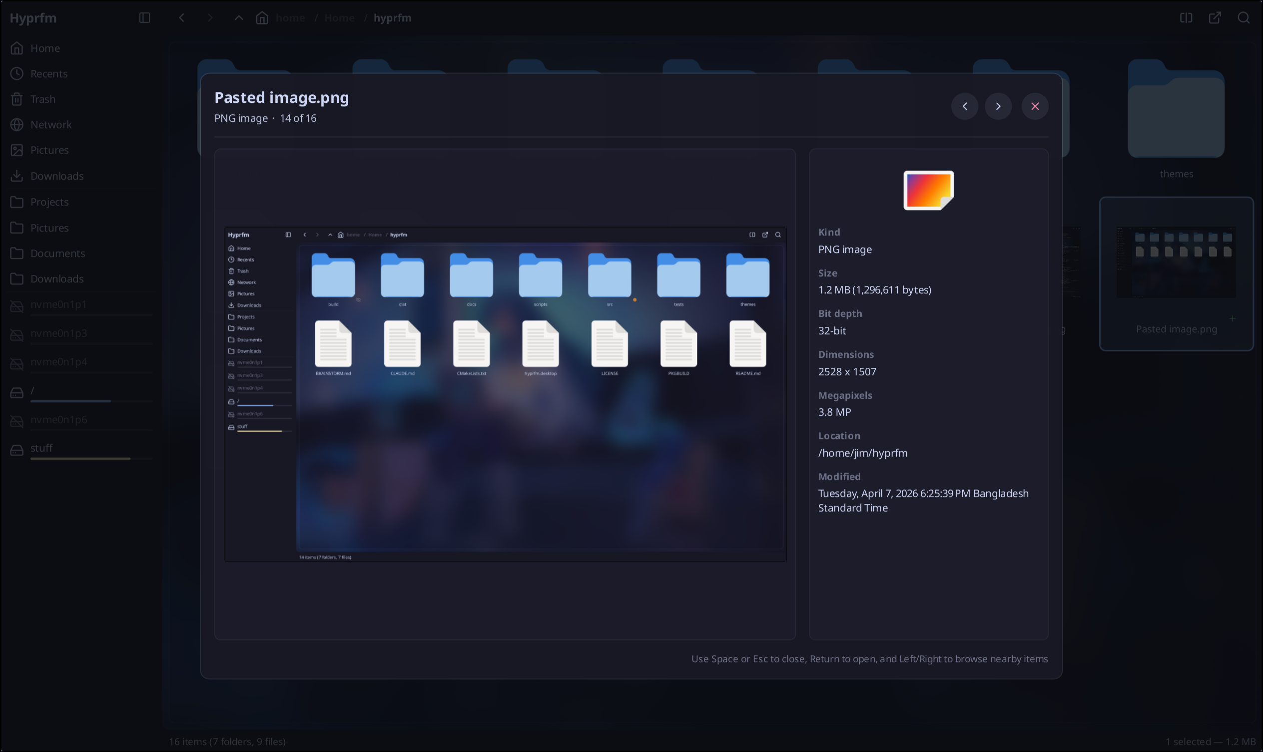 HyprFM Quick Preview showing an image and detailed metadata
